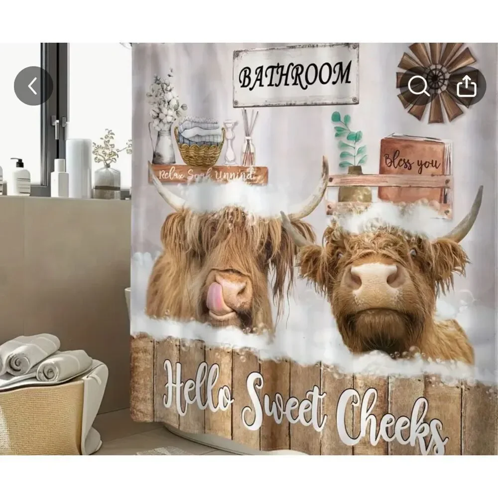 Highland cow Farmhouse shower curtain plus rugs toilet cover 4 piece set NWT Hel - Picture 4 of 8
